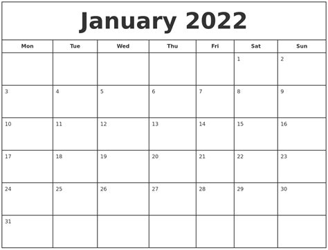 Free Printable Calendar January 2022